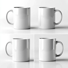 Poster - Blank White Mug Mockup: Four Views on a White Background, Perfect for showcasing logos or designs on a simple coffee mug.