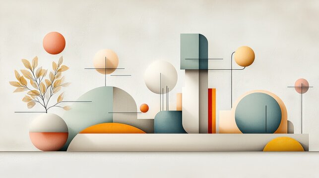 Minimal cubist artwork of retro-chic factory decor, muted colors and soft geometry