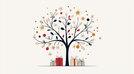 Poster - Minimal line art of a tree with wrapped gifts beneath