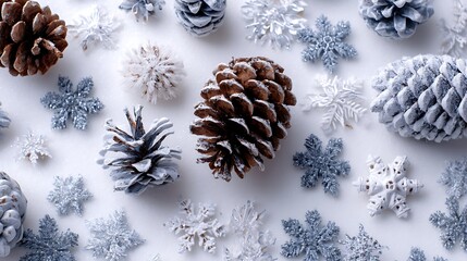Aufkleber - Snow, covered pinecones and snowflakes create a winter wonderland on a bright white background capturing the essence of the season