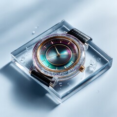 Poster - Ethereal Timepiece: A Luxurious Watch with a Jewel-Tone Face and Crystal Details on a Glass Display, Minimalist Elegance.