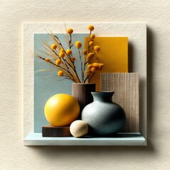 Poster - Geometric Still Life with Flowers and Vases on a Textured Surface, Calm Aesthetic Composition 