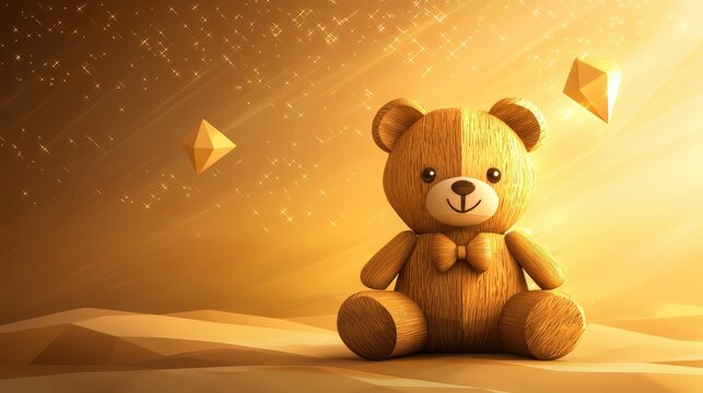 Minimalist flat vector of a wooden teddy bear, cubism style with olive hues, glowing softly on a dreamy background