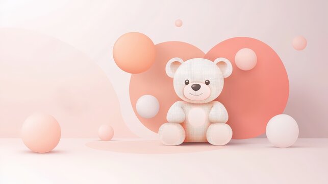 Minimalist teddy bear in cute flat vector cubism, smoky peach cream color scheme, soft pastel gradient