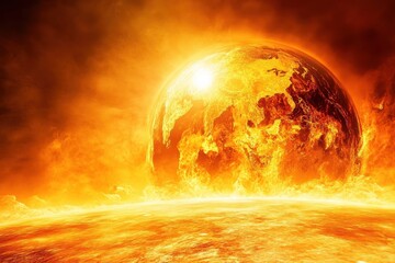 Poster - Fiery depiction of Earth under a harsh sun with clear skies showcasing intense heat and light, Fiery Europe on Earth under harsh sun, clear sky,
