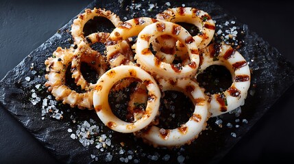 Poster - Squid rings with grill stripes on a black board on a white background