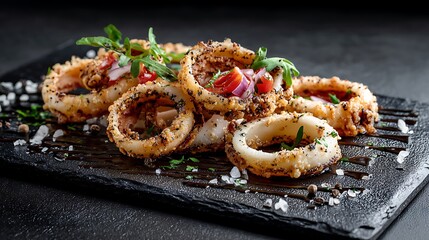 Poster - Squid rings with grill stripes on a black board on a white background