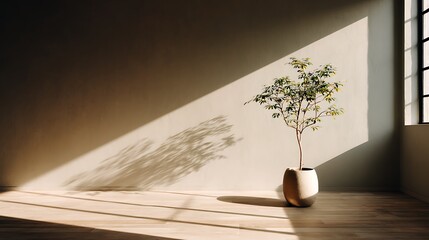 Poster - Sunlight casts soft shadows across a minimalist room with a decorative indoor plant
