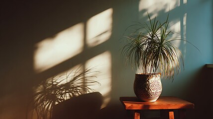 Aufkleber - Sunlight casts soft shadows across a minimalist room with a decorative indoor plant