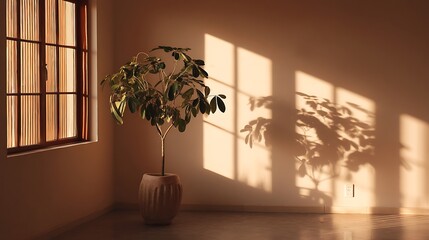 Aufkleber - Sunlight casts soft shadows across a minimalist room with a decorative indoor plant