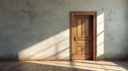 Poster - Sunlit interior with wooden door and empty space in modern design