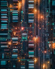 Poster - Nighttime Aerial View of Illuminated Cargo Port and Digital Network Connections