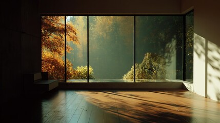 Aufkleber - Sunlight streaming through a large window highlights the autumn foliage outside a minimalist room