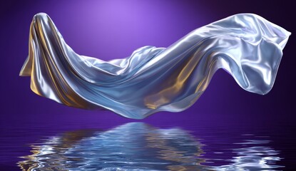 Poster - 3D Render of Floating Iridescent Cloth with Water Reflection on Purple Background