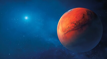 Fototapete - The planet mars in red on a bright blue background with bright stars