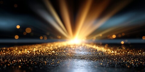 Poster - Abstract Background with Golden Rays of Light and Stars on Black Background