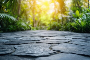 Wall Mural - stone path leads into lush green foliage with bright sunlight above. this image can represent travel