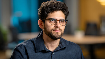Casual IT specialist with abstract tech background, symbolizing innovation in modern works paces，Relaxed IT Expert in Casual Attire, Upper Body Close-Up with Natural Side Lighting and an Abstract Tech