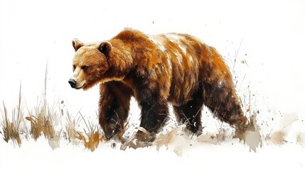 brown bear walking, watercolor style, nature background, wildlife art