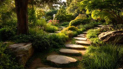 Poster - Tranquil garden pathway with stepping stones surrounded by lush greenery in afternoon light