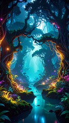 Wall Mural - Enchanted forest stream with vibrant glowing flora and mystical trees creating a magical fantasy landscape perfect for book covers
