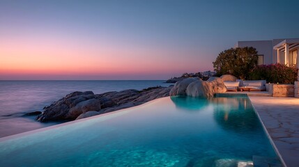 Fototapete - Tranquil infinity pool overlooking serene ocean at a coastal villa during evening hours
