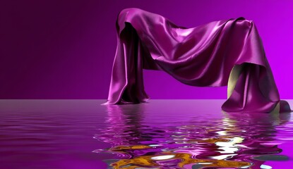 Poster - 3D Render of Floating Iridescent Cloth with Water Reflection on Purple Background