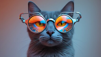  Sleek Gray Cat Wearing Futuristic Cyberpunk Glasses Stares Intently