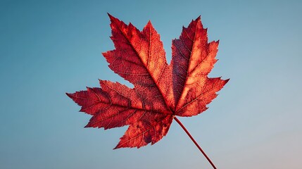 Poster - Vibrant red maple leaf against a clear blue sky during autumn season