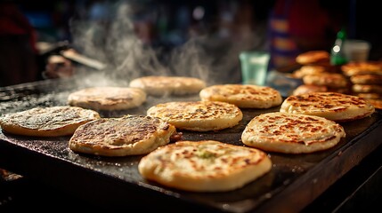 Poster - Warm pupusas sizzling on the griddle, filled with savory ingredients, in a bustling street food setting during evening hours
