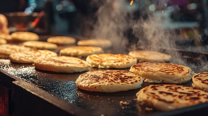Poster - Warm pupusas sizzling on the griddle, filled with savory ingredients, in a bustling street food setting during evening hours