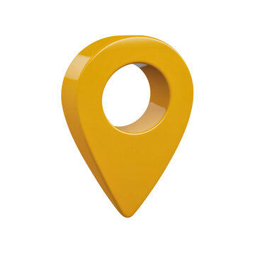 A rendered image of a yellow location pin with a hole on top isolated on a black background design element