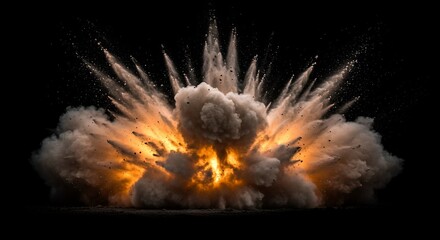 Poster - Dramatic explosion with fiery orange and gray cloud of dust and debris against a stark black background, representing power and destruction.