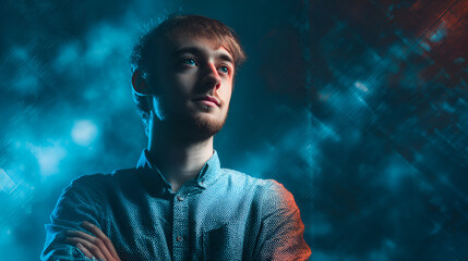 Casual IT specialist with abstract tech background, symbolizing innovation in modern works paces，Relaxed IT Expert in Casual Attire, Upper Body Close-Up with Natural Side Lighting and an Abstract Tech
