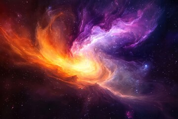 Poster - Brilliant space nebula displays swirling colors of purple and orange in a cosmic dance of light and energy, Brilliant space nebula with swirling colors of purple and orange Space concept