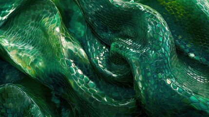 Poster - Colorful green snake skin texture showcases scales and fluidity under light in a natural setting