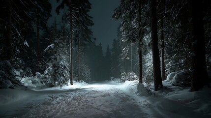 Aufkleber - Winter, snowfield, forest, in the dark night