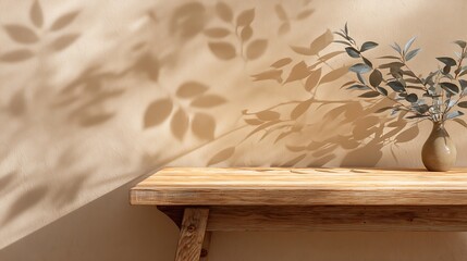 Poster - Wooden table top on beige wall with leaf shadow background