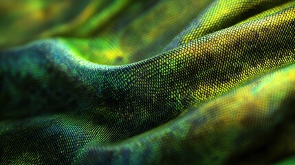 Poster - Textured green fabric with intricate patterns and vivid colors reflecting light in a creative display