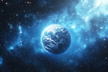 Poster - Earth floats in the majestic expanse of a star-filled universe surrounded by cosmic wonders, Earth floats in vast, star-filled outer space with cosmic blue hues and bright light
