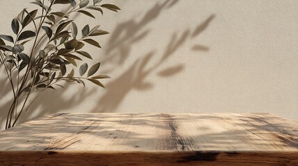 Poster - Wooden table top on beige wall with leaf shadow background