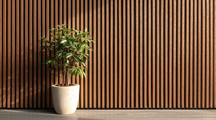 Poster - Wooden wall with vertical slats and a green potted plant in a modern outdoor setting