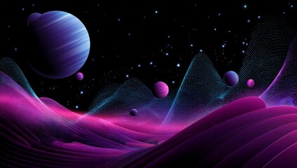 Poster - Vibrant cosmic abstract background with colorful wave patterns and floating planets, dreamy nebula effect in space