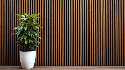 Poster - Wooden wall with vertical slats and a green potted plant in a modern outdoor setting