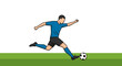© Basecamp - Cartoon soccer player in blue uniform midair kick dynamic pose