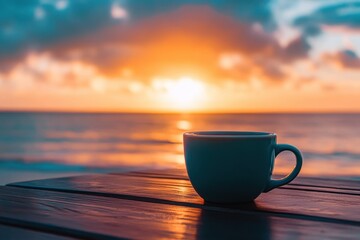 Wall Mural - Coffee cup sits on table by the beach as the sun rises over the ocean at dawn, Coffee cup on a table by the beach during a beautiful sunset Serene ocean  concept