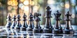 © Praphunsak - Large black chess pieces sitting on a large plastic chessboard with a blurred background, abstract background, dark squares