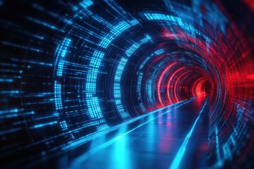 Poster - glowing blue and red abstract digital tunnel creating a futuristic perception of speed and depth, ab