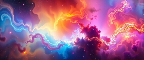 Wall Mural - abstract vibrant cosmic nebula, colorful galaxy, swirling clouds, glittering stars , astronomy, text