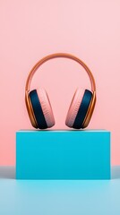Poster - Copper Rose Gold Headphones on Teal Platform Against Pink Background